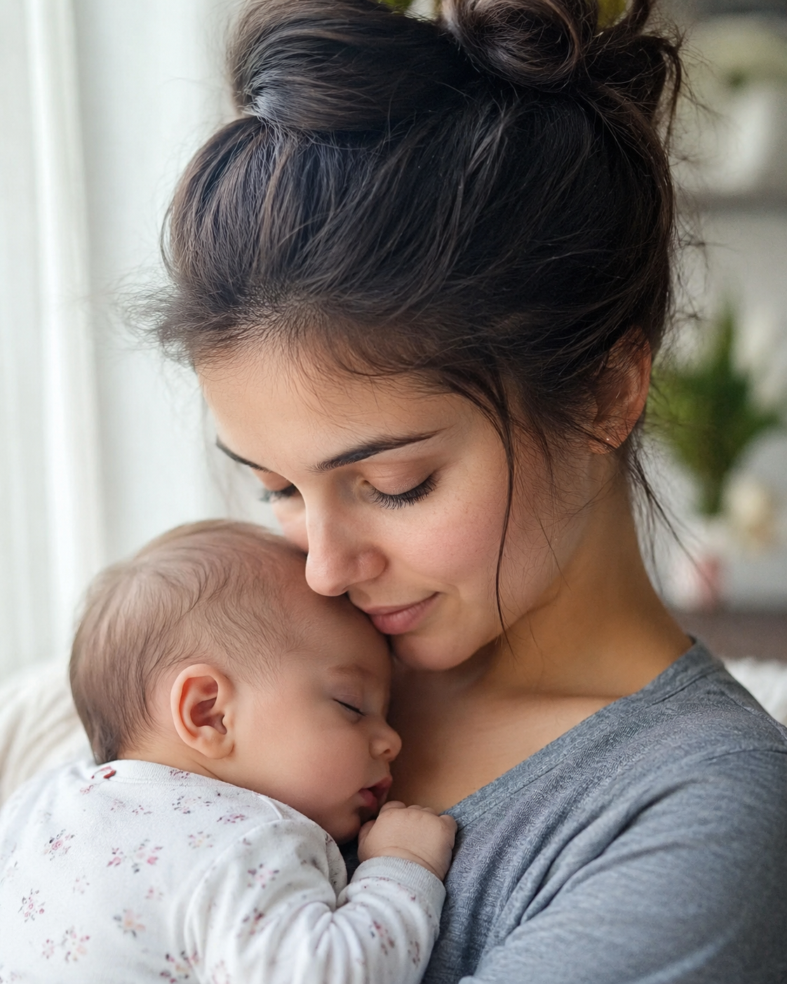 Parents embracing their newborn in warm, soft light.