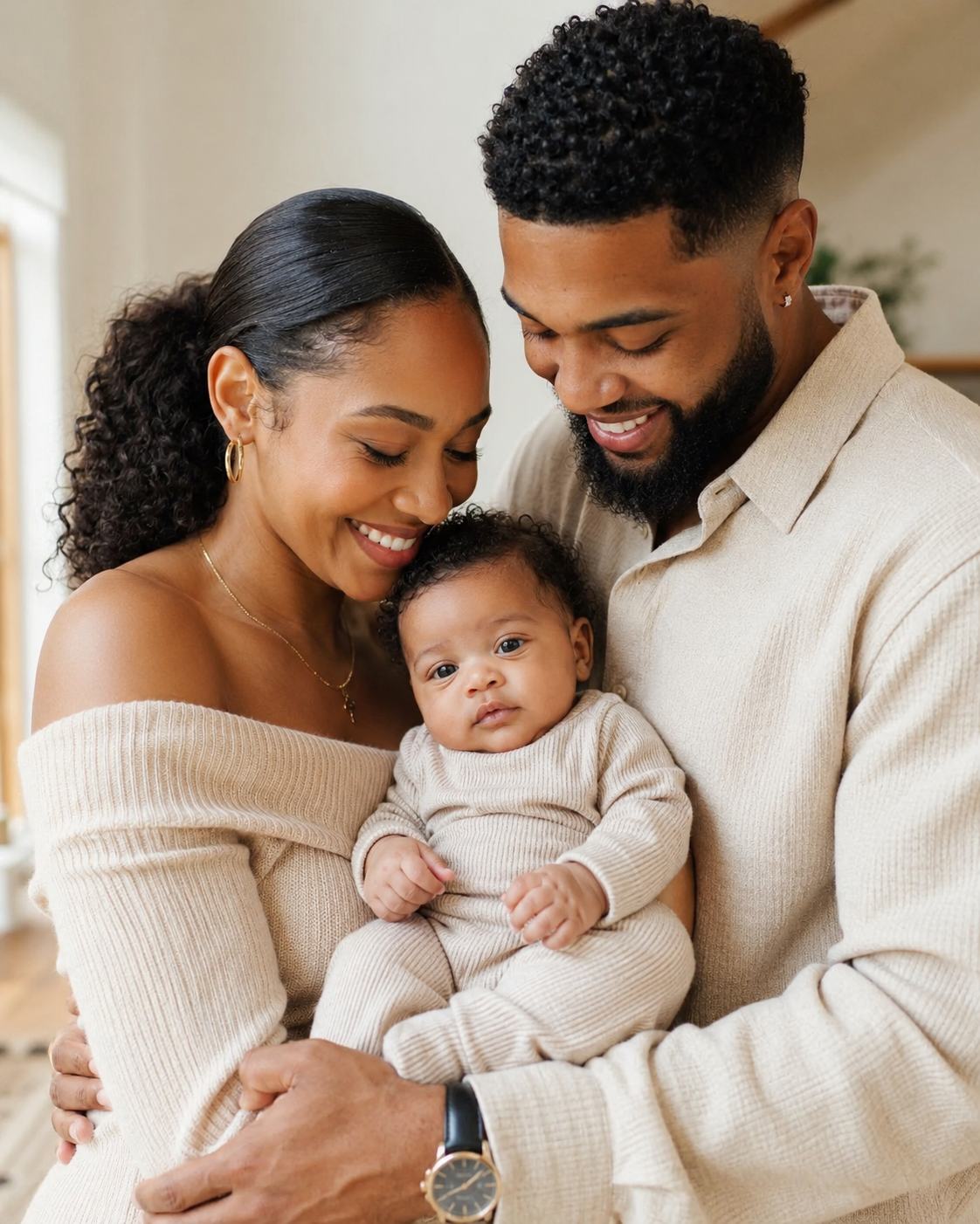 A mother and father holding their newborn baby close in a warm, sunlit room.